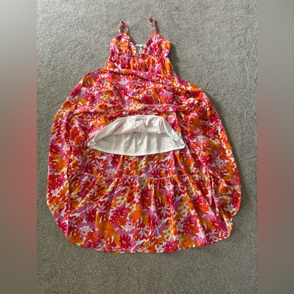She+Sky Floral Deep V Maxi Dress S Straps Summer Sundress Tangerine & Fuchsia - Picture 12 of 16